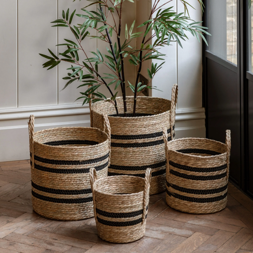 Set of 4 Black Stripe Woven Baskets