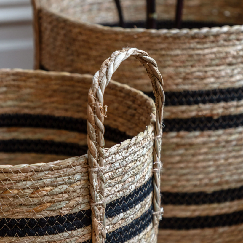 Set of 4 Black Stripe Woven Baskets