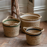 Black, White & Olive Stripe Woven Storage Baskets – Set of 3