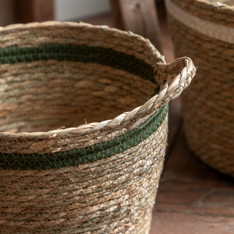 Black, White & Olive Stripe Woven Storage Baskets – Set of 3