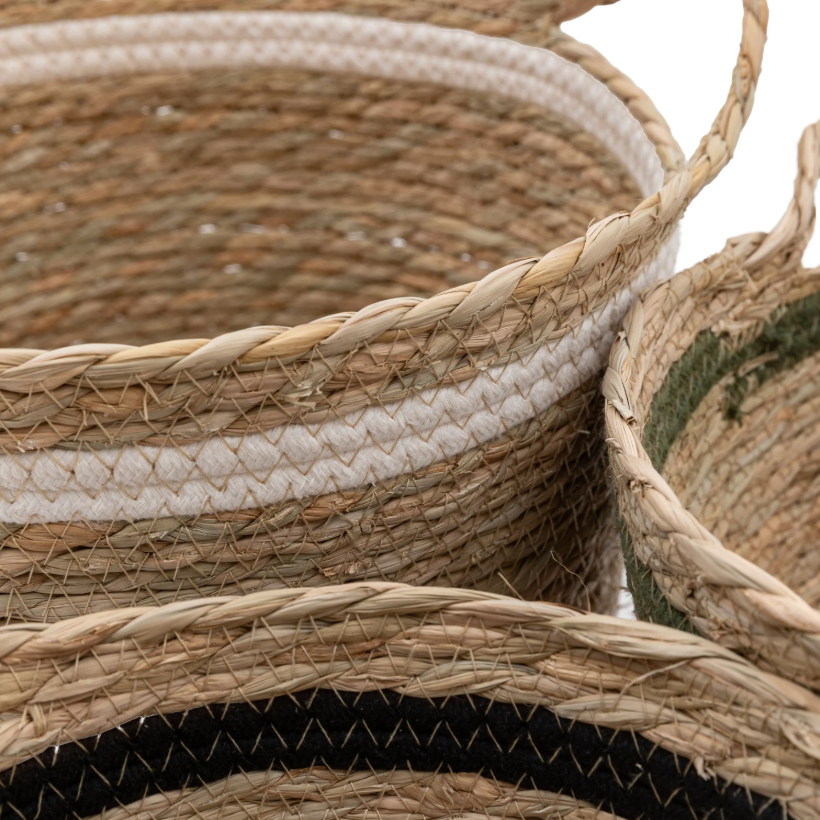 Black, White & Olive Stripe Woven Storage Baskets – Set of 3