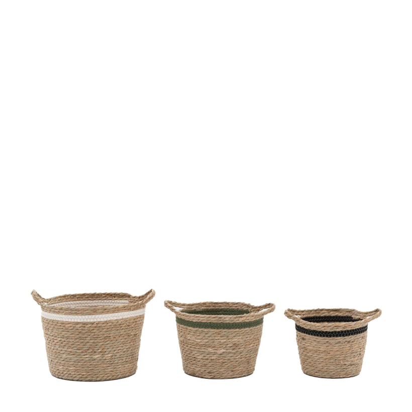 Black, White & Olive Stripe Woven Storage Baskets – Set of 3