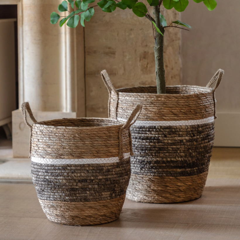 Woven Storage Baskets with Contrast Stripes – Set of 2