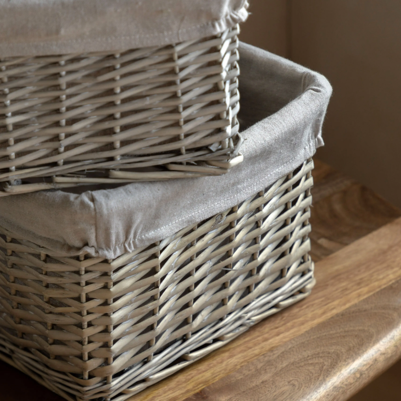 Grey Lined Wicker Storage Baskets – Set of 3