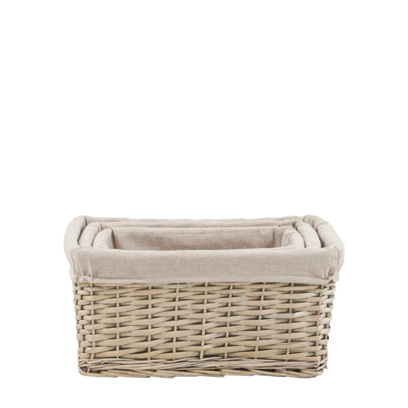 Grey Lined Wicker Storage Baskets – Set of 3