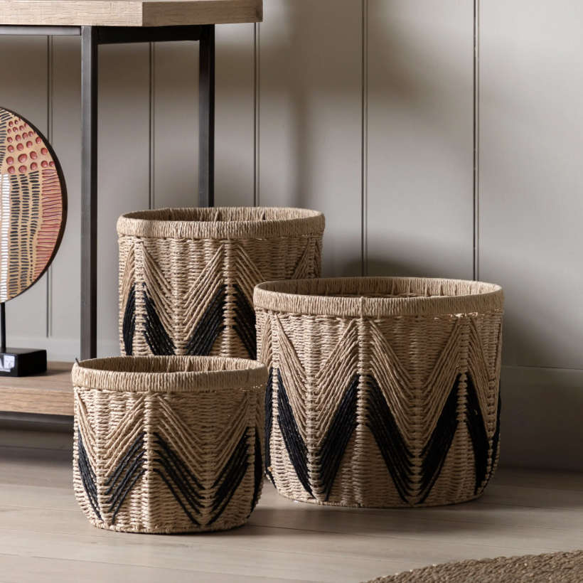 Natural & Black Woven Storage Baskets – Set of 3