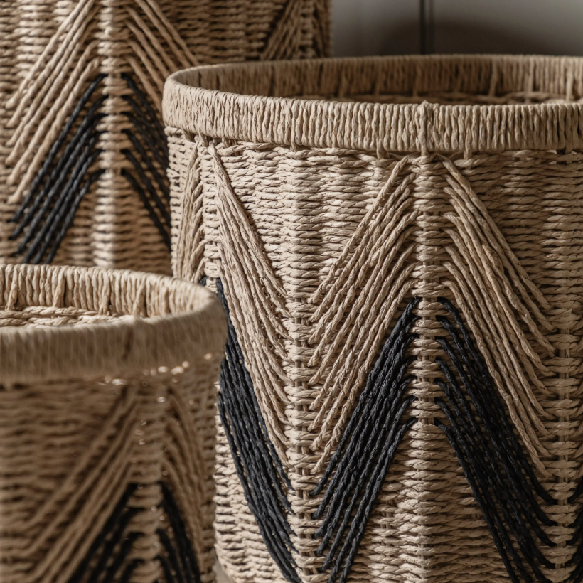 Natural & Black Woven Storage Baskets – Set of 3