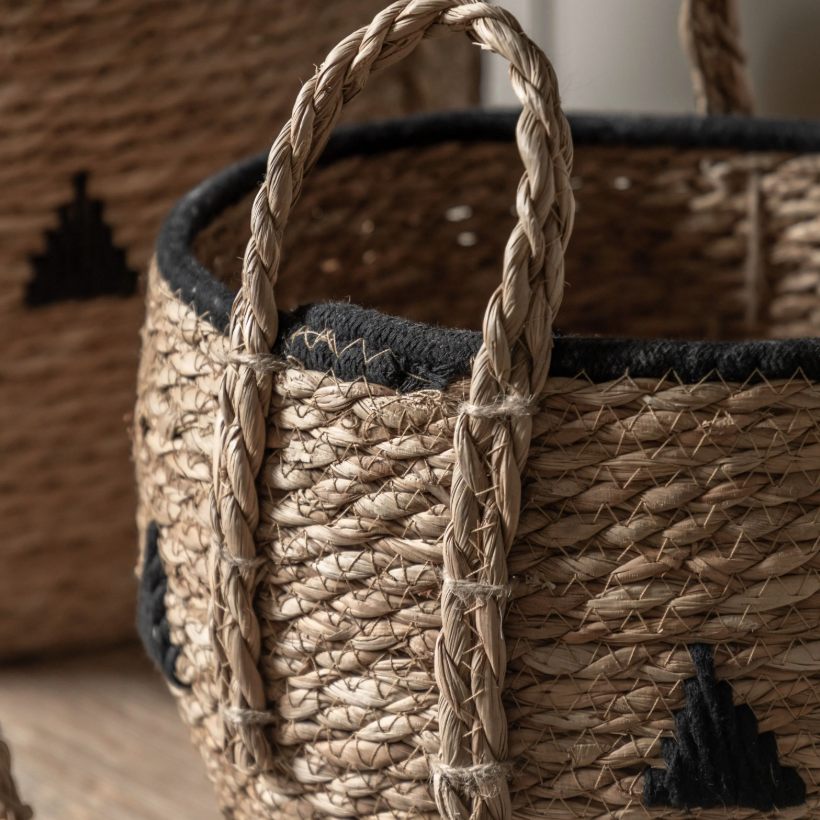 Natural & Black Woven Seagrass Storage Baskets – Set of 3