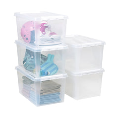 Stack of clear storage boxes with lids on a white background