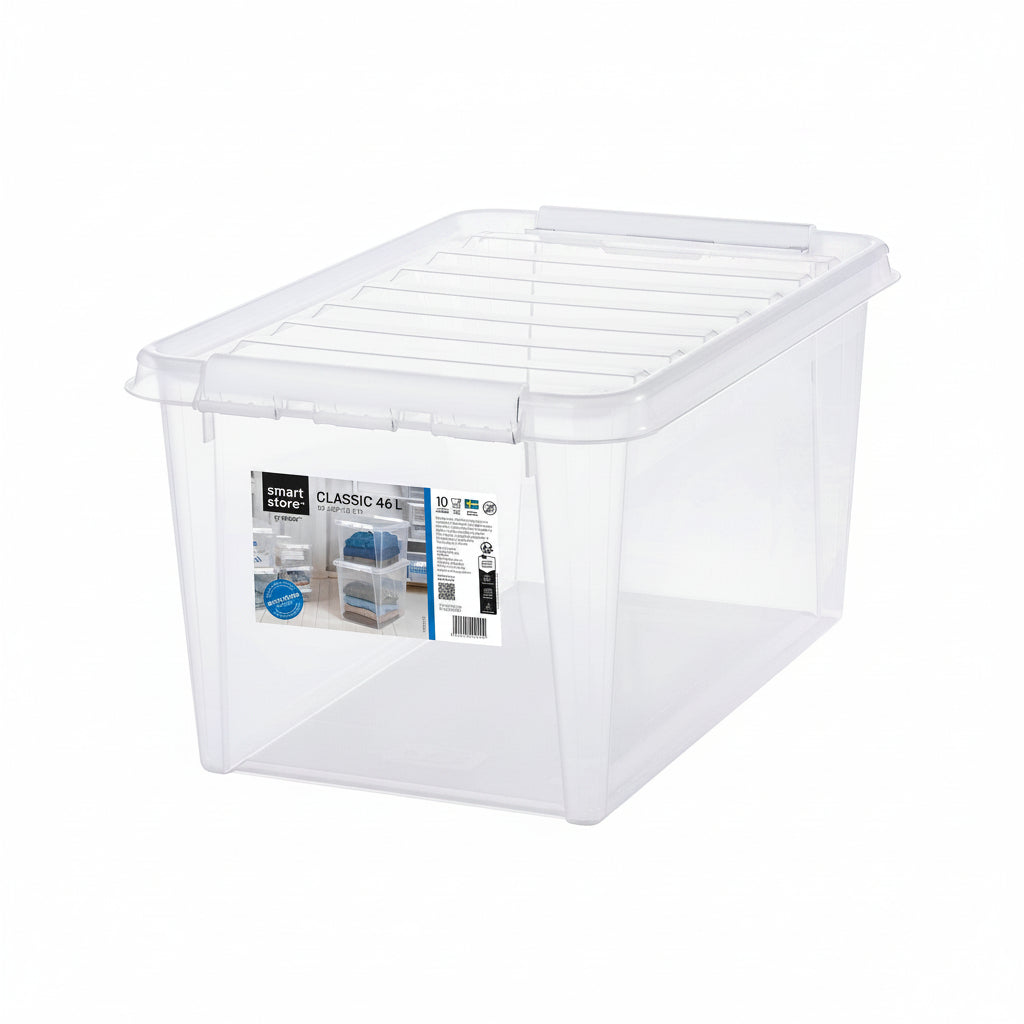 Clear storage box with a label on a white background