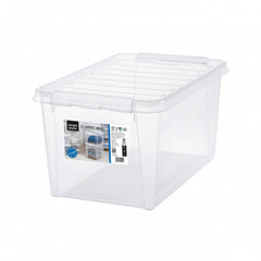 Clear storage box with a label on a white background