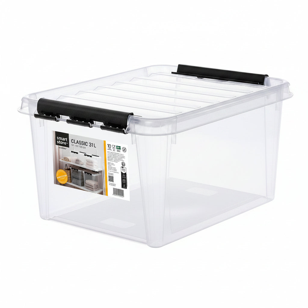 Clear storage box with black lid and handle on a white background