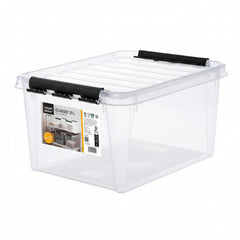 Clear storage box with black lid and handle on a white background