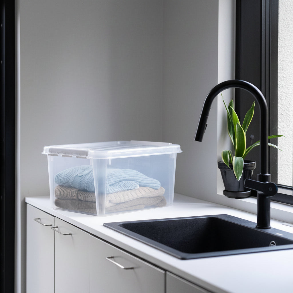 Clear storage container with folded clothes on a kitchen counter next to a sink.