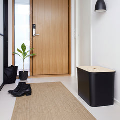 Black storage bin next to a wooden door with a plant and shoes on a rug.