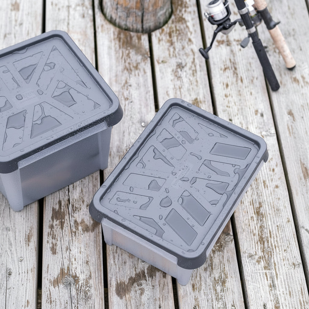 Two gray plastic containers on a wooden surface with fishing equipment in the background.