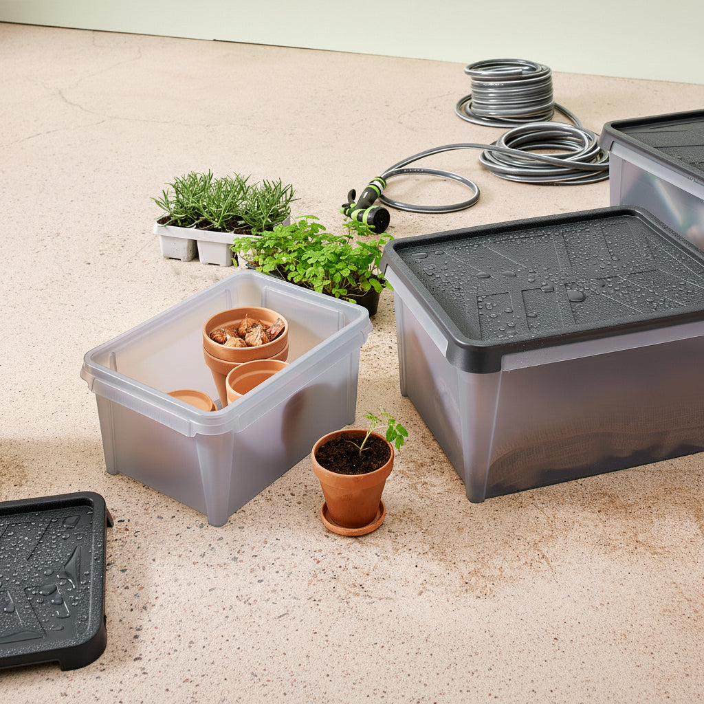 Gray storage boxes with plants on a concrete floor