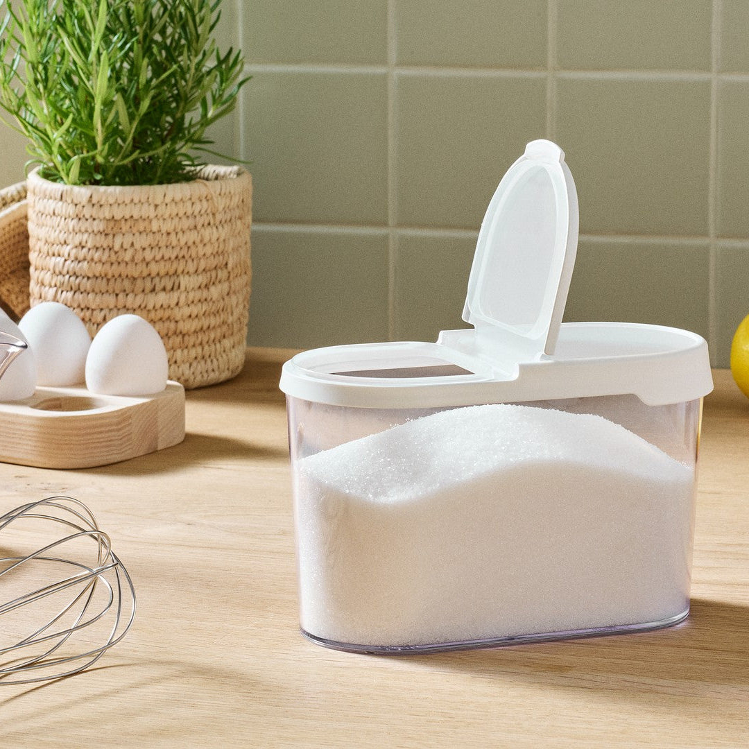 White container with a lid on a kitchen counter, surrounded by eggs, lemons, and a plant.