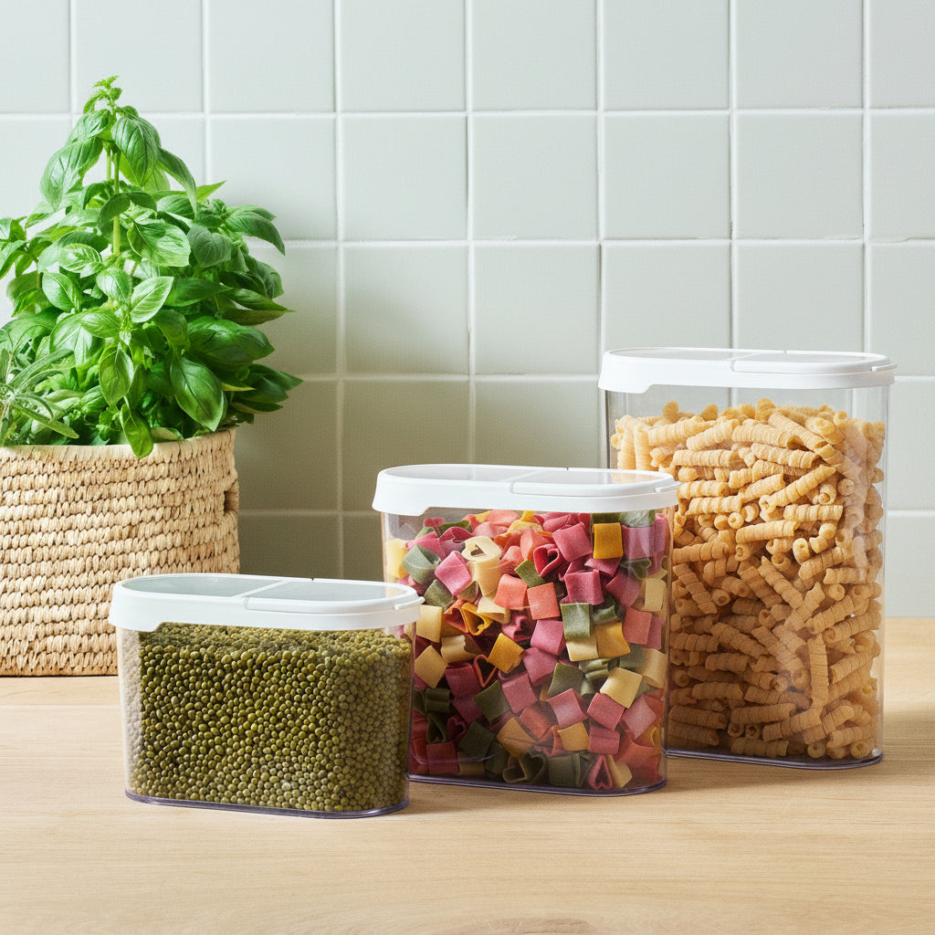 Four transparent containers with different food items on a wooden surface with a tiled wall background.