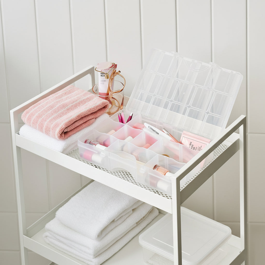 White storage cart with pink towel and beauty products on a white tiled floor.