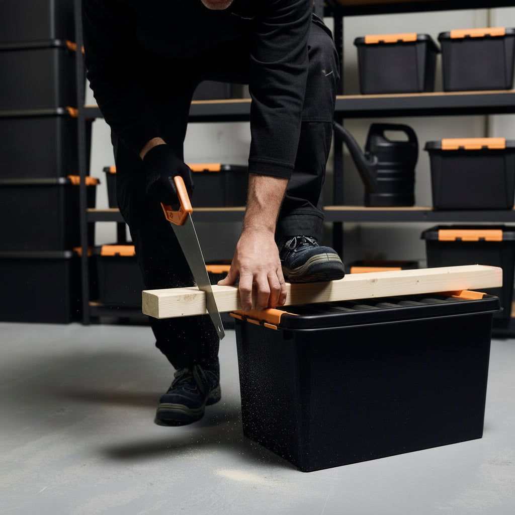 Person using a saw on a wooden plank with black storage bins in the background