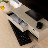 Beige desk with keyboard drawer, monitor, and mouse on a wooden surface.
