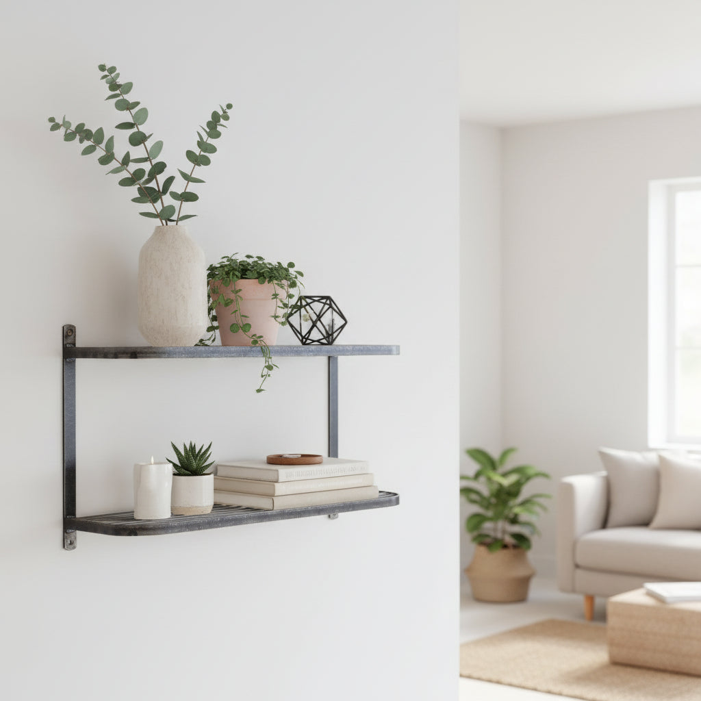 Two-tier metal shelf with decorative items on a white wall