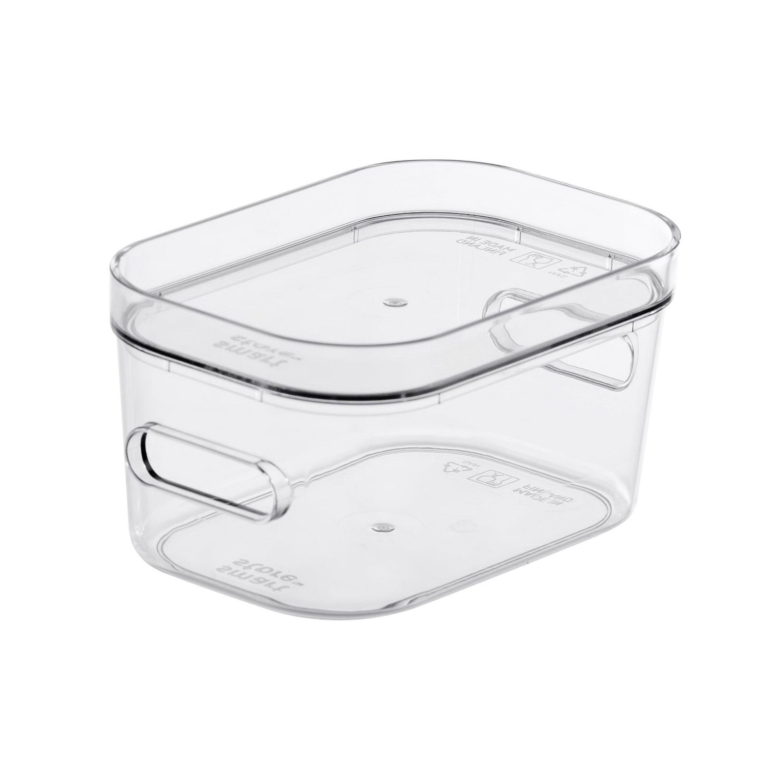 A clear plastic storage container with a matching lid, featuring integrated side handles and embossed brand markings, shown on a plain white background.