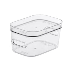 A clear plastic storage container with a matching lid, featuring integrated side handles and embossed brand markings, shown on a plain white background.