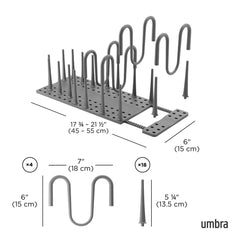Umbra metal hook rack with dimensions and measurements on a white background