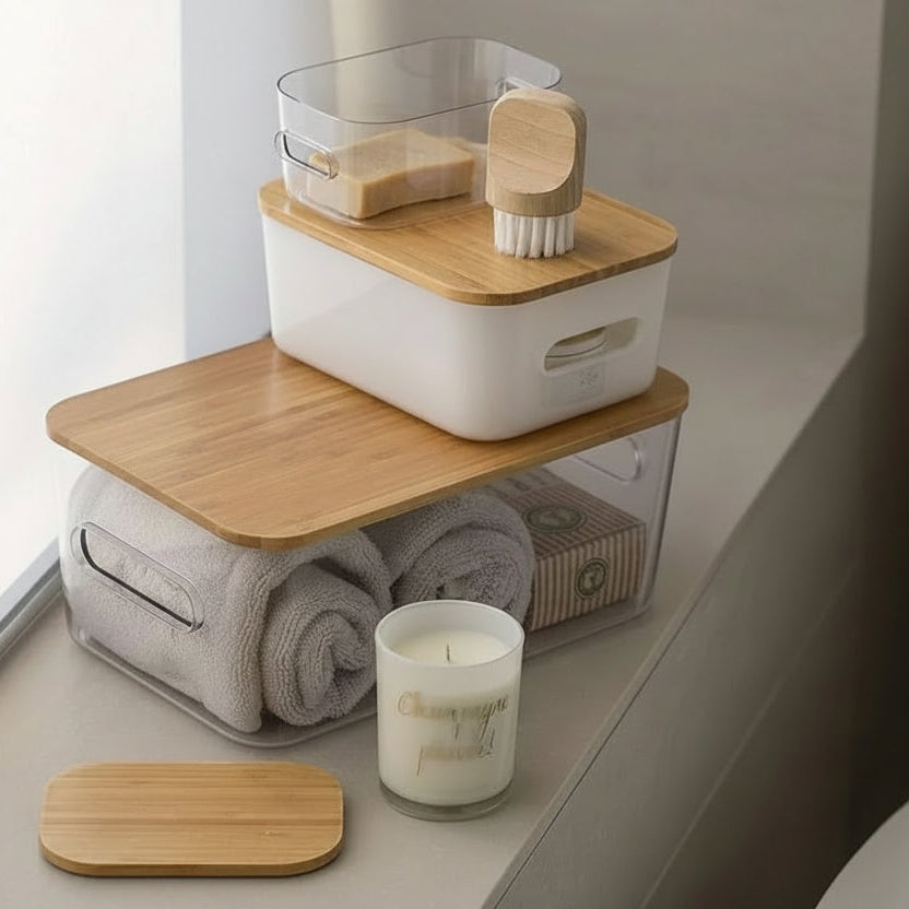 A stack of three clear plastic bathroom storage containers with bamboo lids sits on a windowsill. The containers hold rolled towels, a candle, toiletries, and a sponge brush.