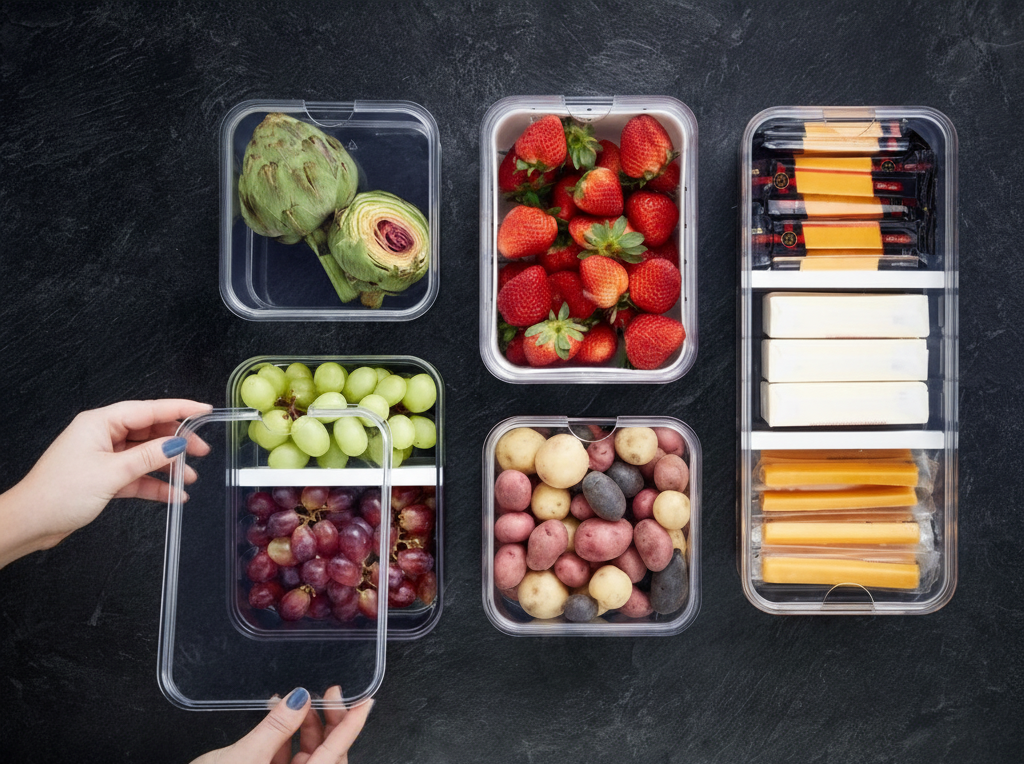Assorted fruits and vegetables in clear containers on a dark surface.