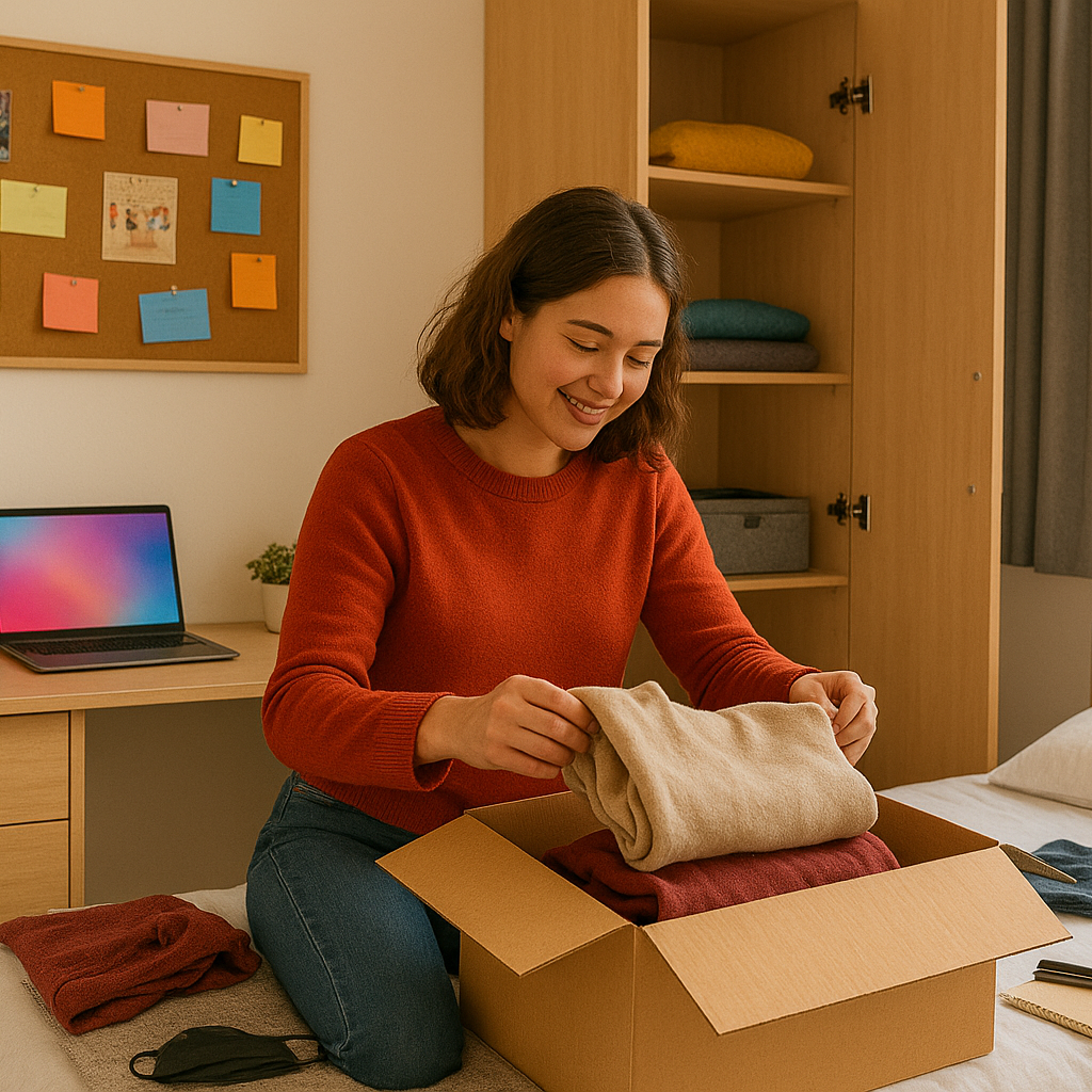 Woman packing clothes into a box in a bedroom with a laptop and desk.