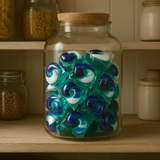 Jar filled with blue and green marbles on a wooden shelf.
