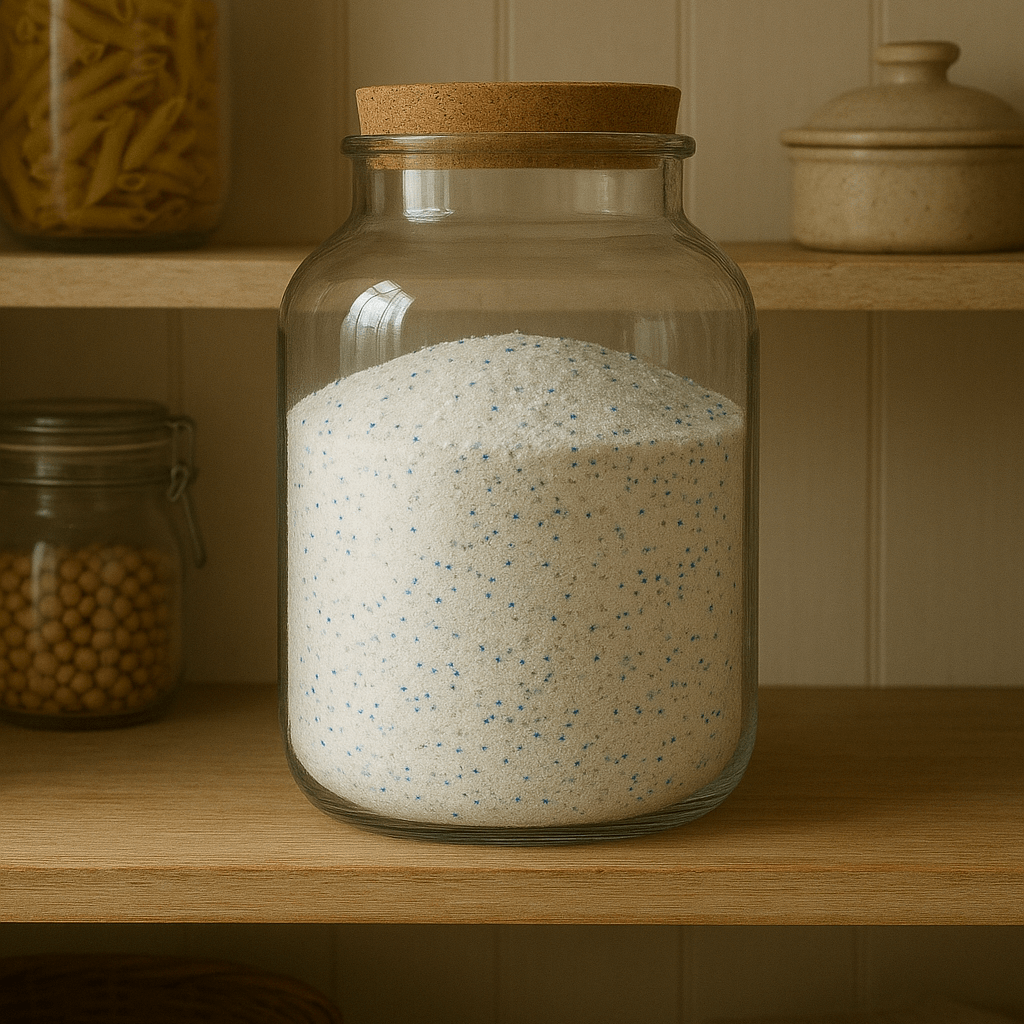 Glass jar with a wooden lid on a shelf with other jars and items.
