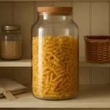 Glass jar with wooden lid filled with pasta on a shelf with other jars and a basket.