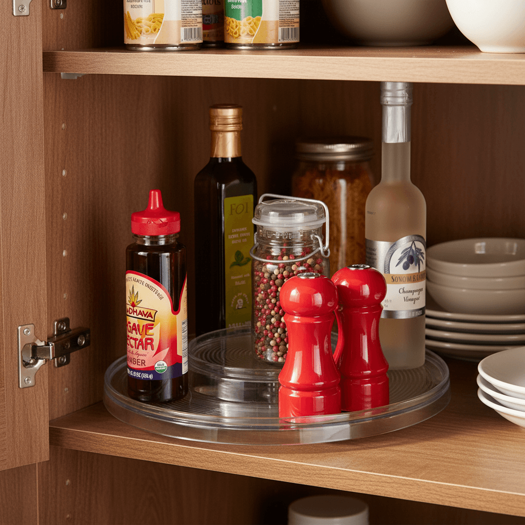 Wooden cabinet with various items including bottles, jars, and a tray.