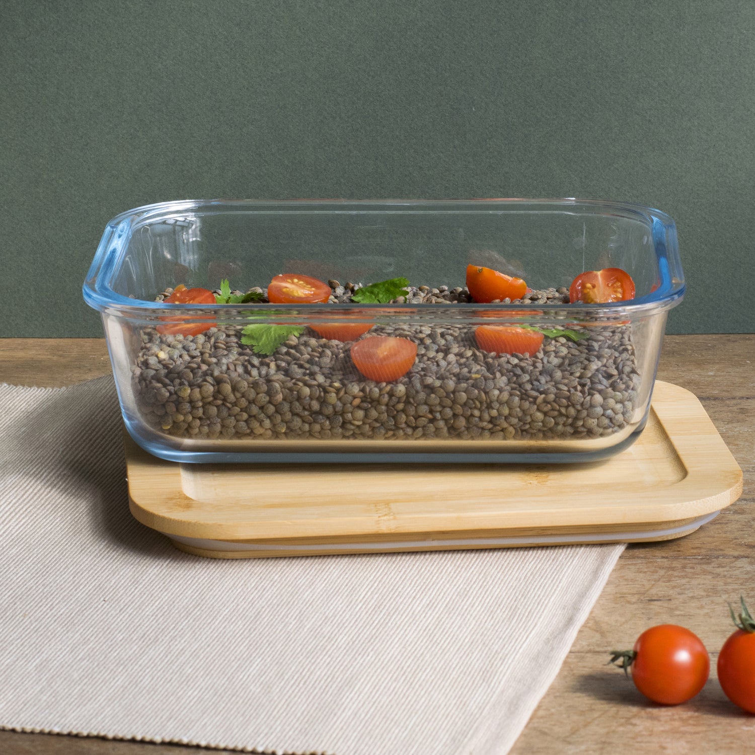 rectangular glass container with bamboo lid 1500ml