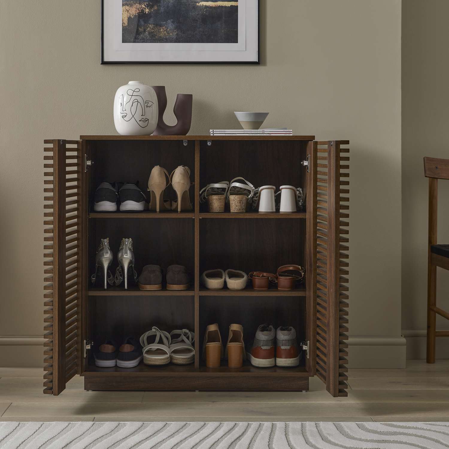 walnut effect shoe storage cabinet