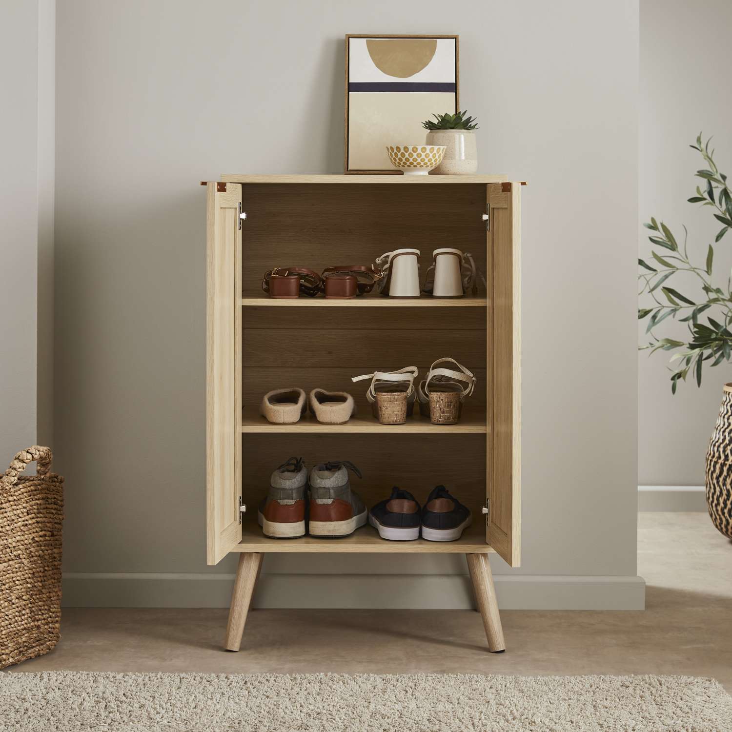 oak effect rattan shoe storage cabinet
