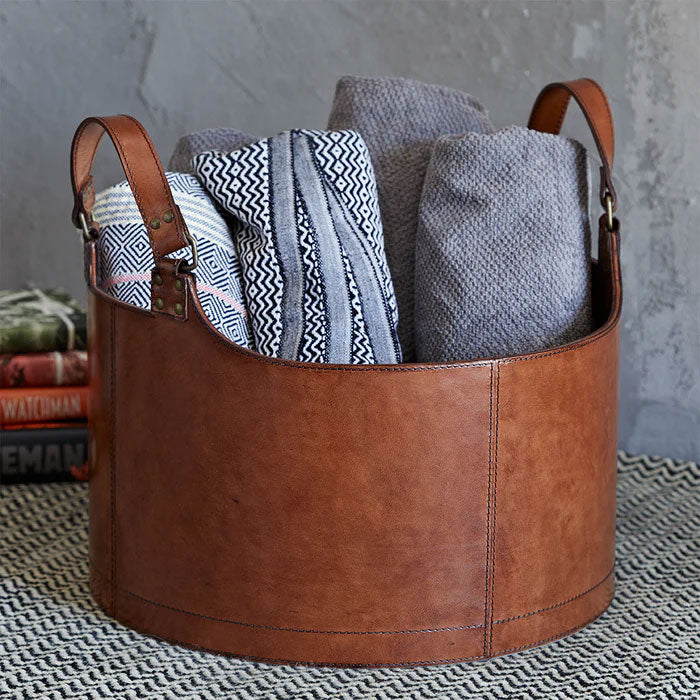 leather storage basket round