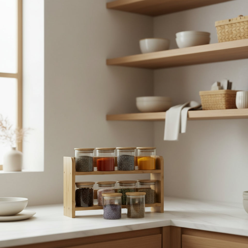 Set of glass jars with wooden lids on a wooden shelf against a white wall.