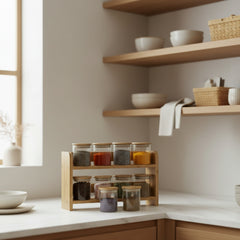 Set of glass jars with wooden lids on a wooden shelf against a white wall.