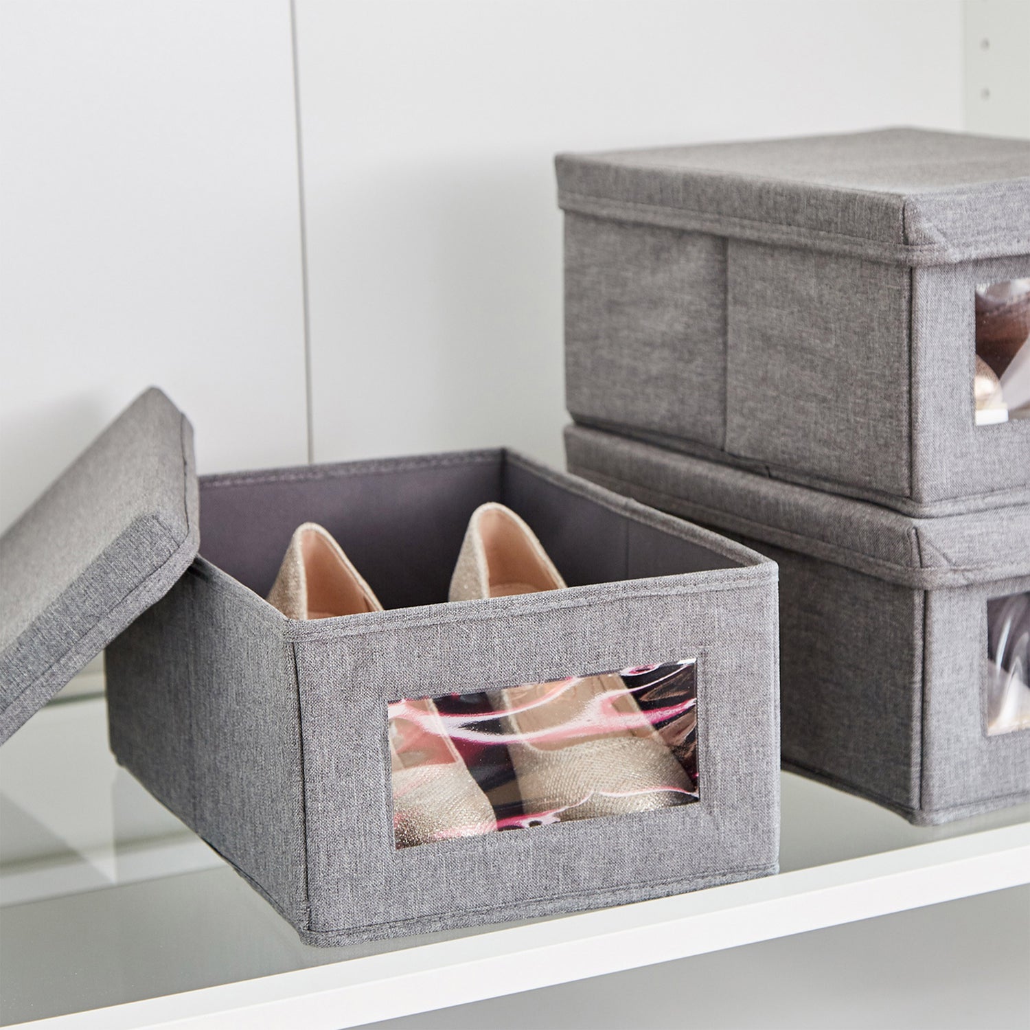 shoe storage box with window grey fabric