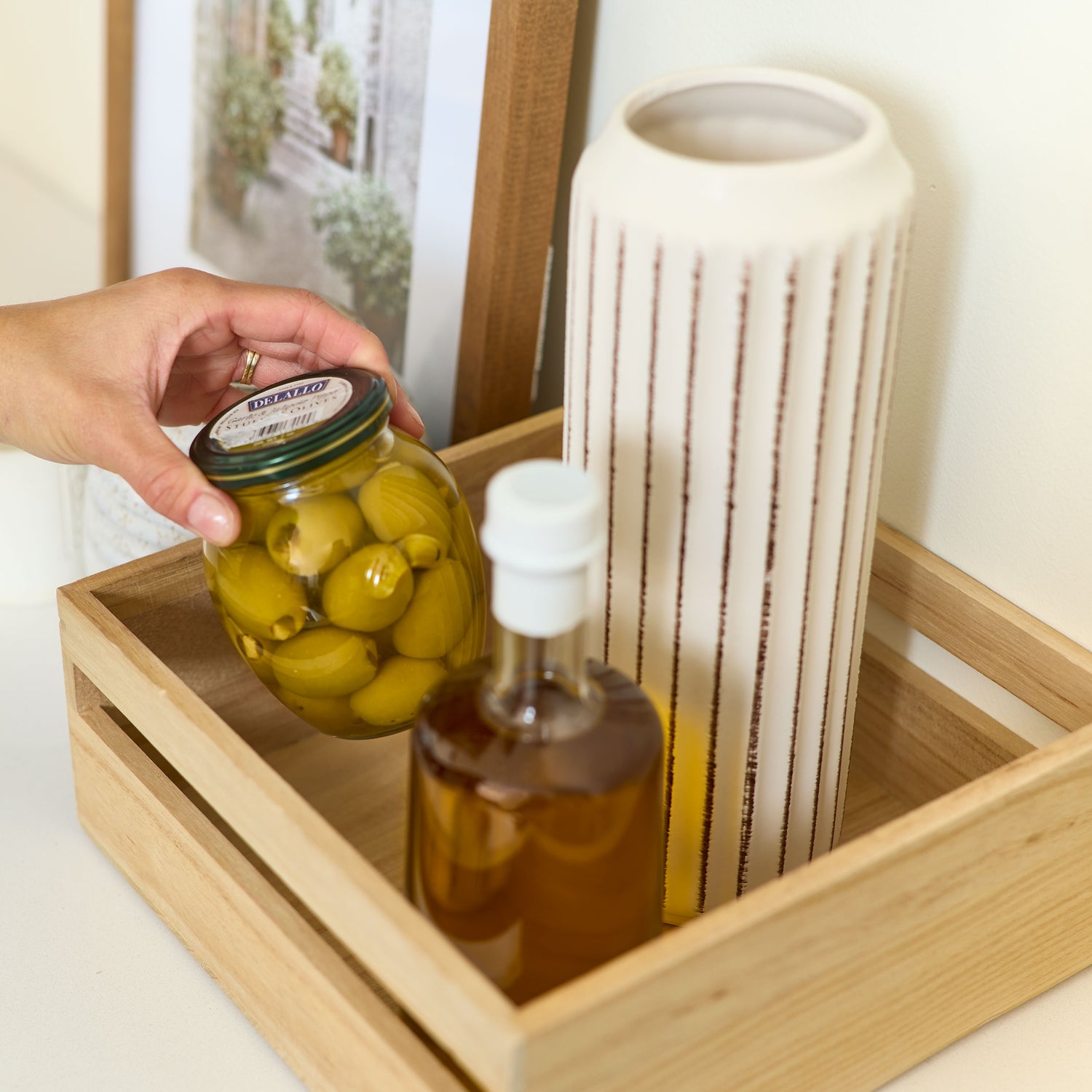wooden pantry storage bin with handle square