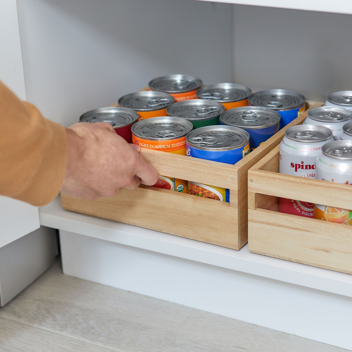 wooden pantry storage bin with handle square