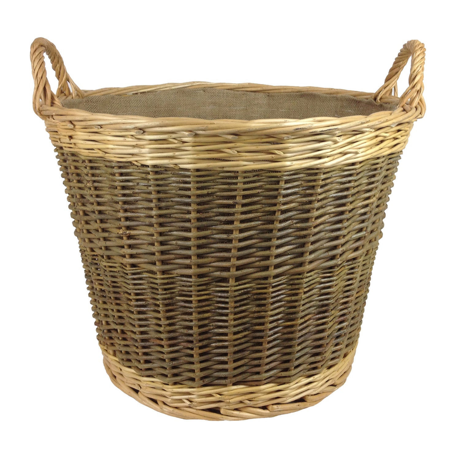 large willow log basket with hessian lining