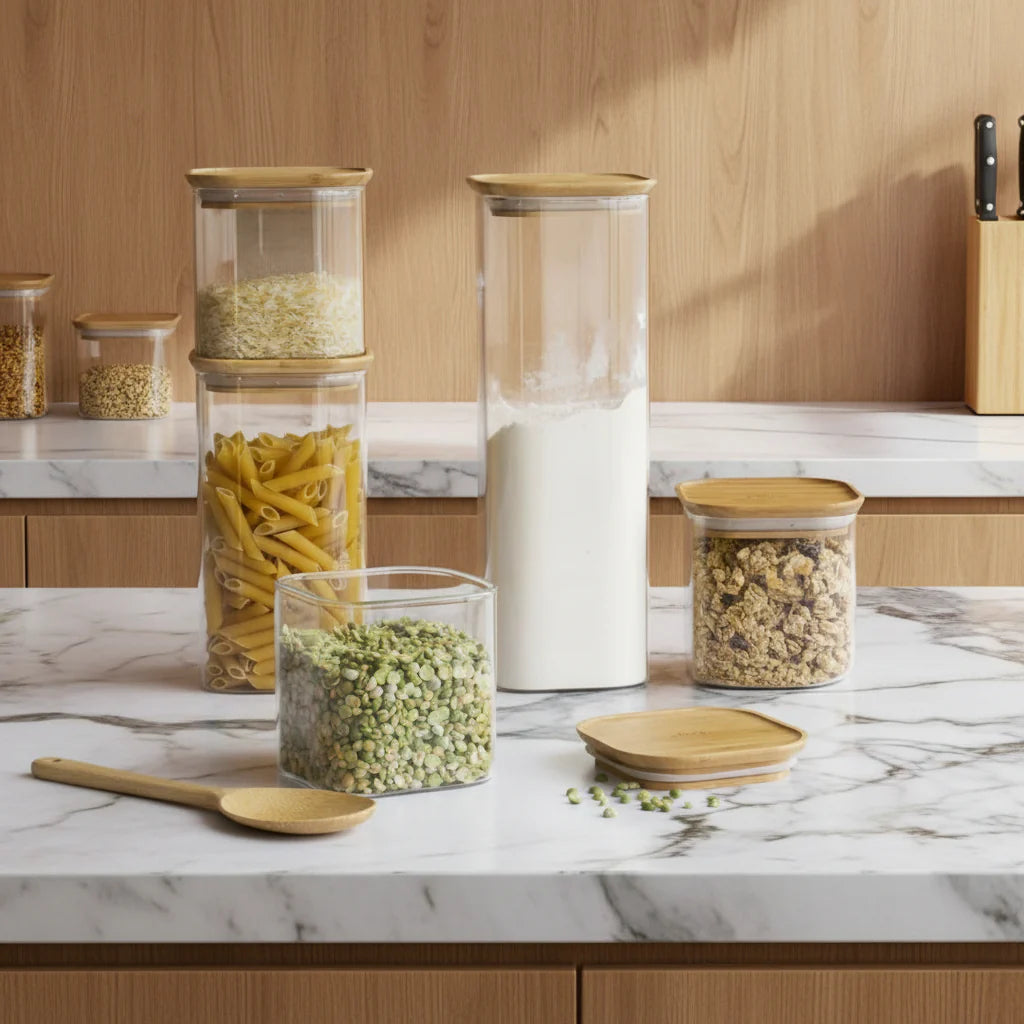 Pebbly Glass Storage Canisters with Bamboo Lid