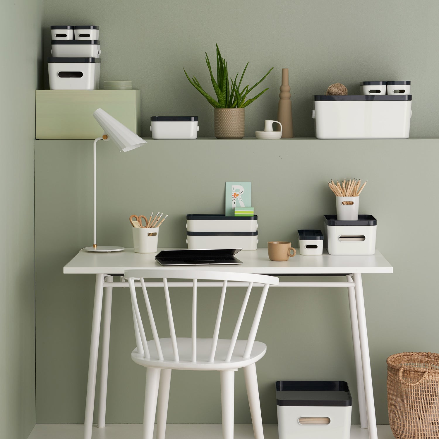 Small Stacking Lidded Storage Box White Grey