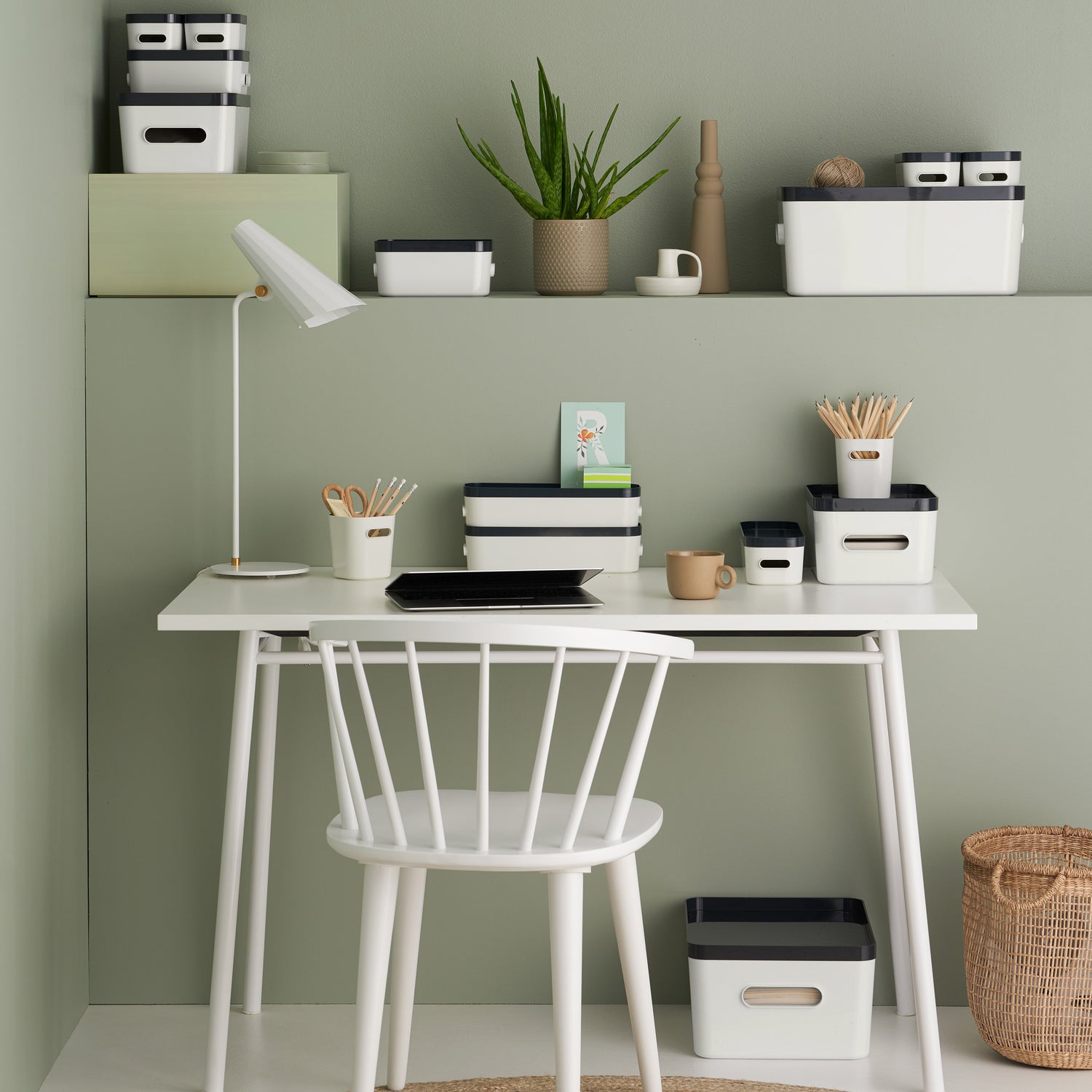 Medium Stacking Lidded Storage Box White Grey